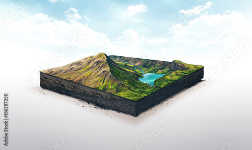 3d illustration of a soil slice, high mountains with lake isolated on white background