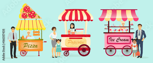 Creative detailed vector street pizza cart  popcorn and ice cream shop with sellers. Young people buy street food or junk food in food festival event. Illustration in flat cartoon style.