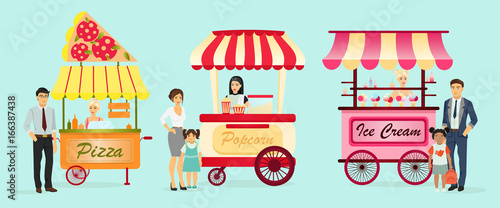 Creative detailed vector street pizza cart, popcorn and ice cream shop with sellers. Young people buy street food or junk food in food festival event. Illustration in flat cartoon style.