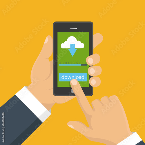 Downloading document, infographics. Flat design. File download concept button on smartphone screen. Hand holds smartphone.