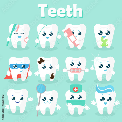 Set of funny icons of teeth. Vector illustration on a blue background. Concept of children s dentistry. Excellent dental card. Cute character. Caries prevention.