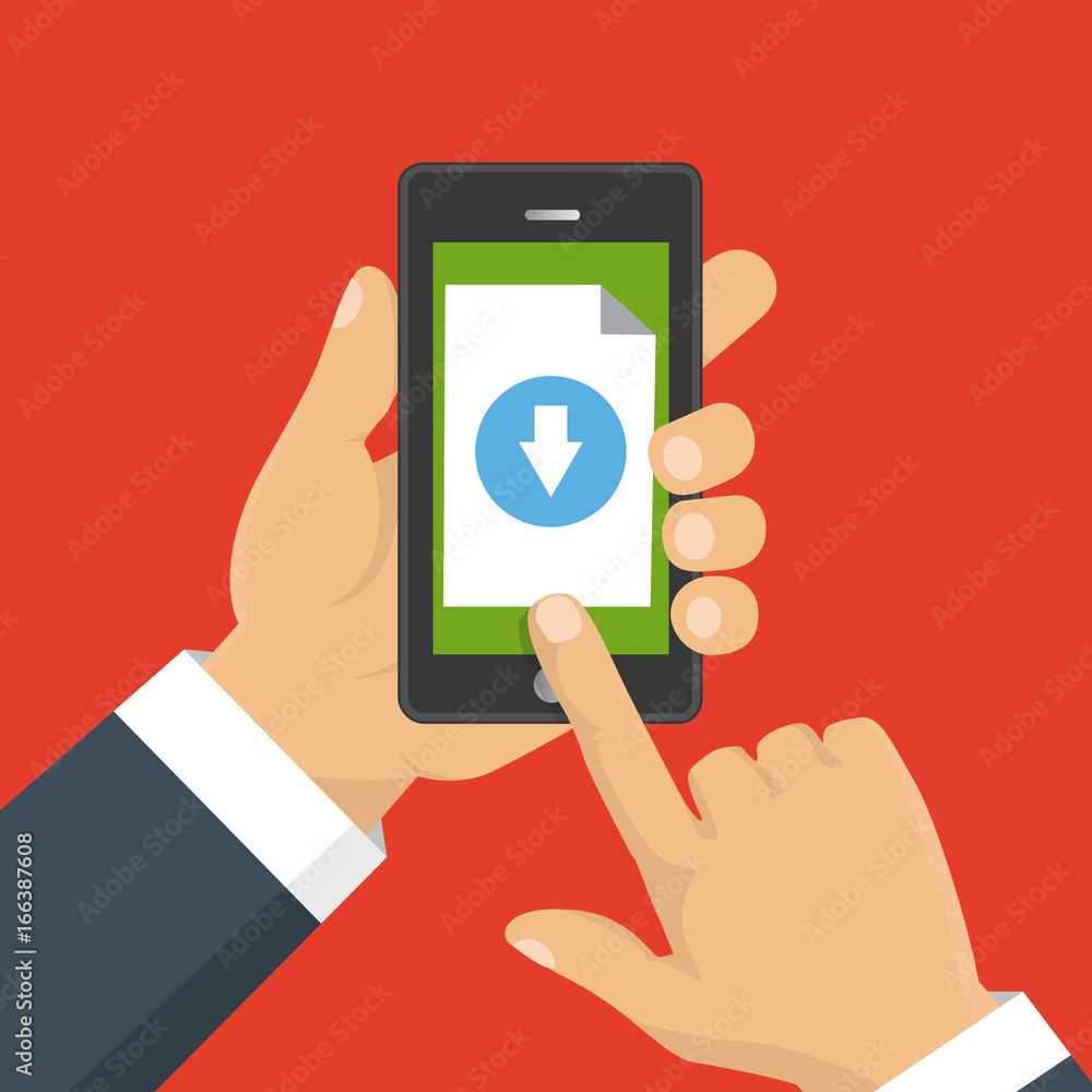 Downloading document, infographics. Flat design. File download concept button on smartphone screen. Hand holds smartphone. Downloading document, infographics. Flat design. File download concept button on smartphone screen. Hand holds smartphone.