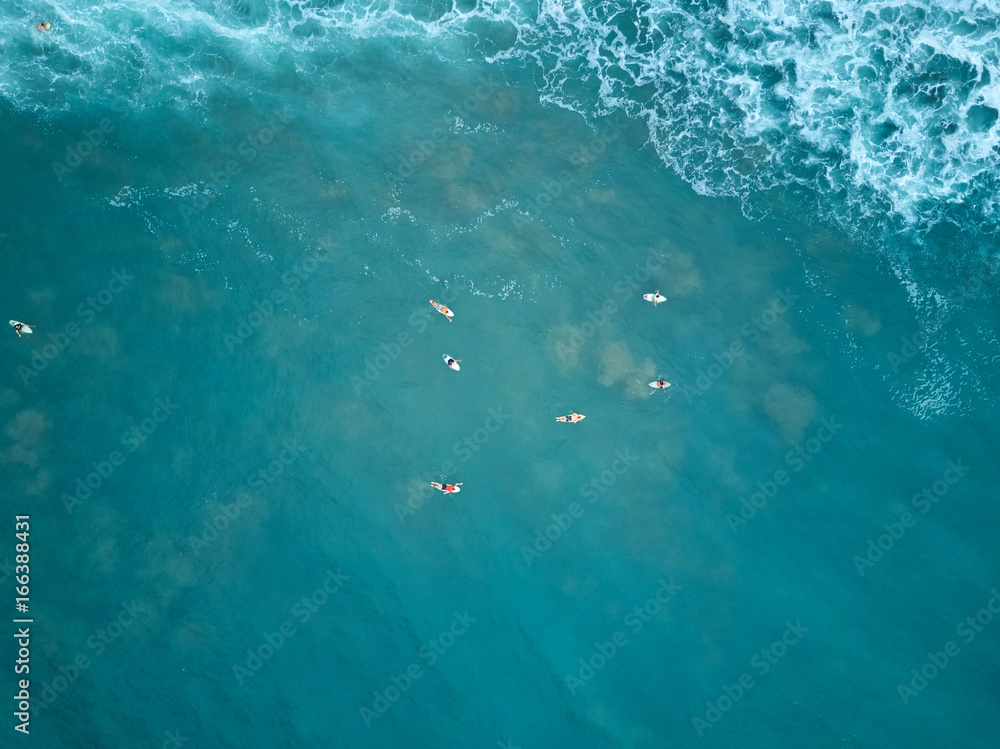 Surfers swim in blue water