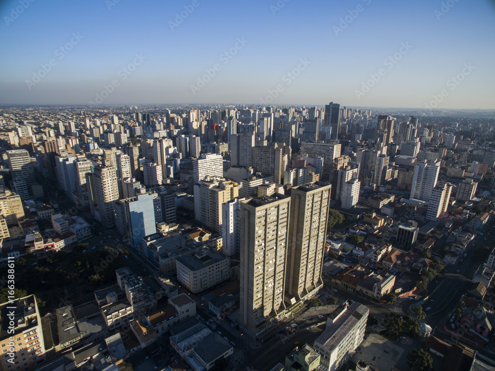 Aerial view of Curitiba cityscape, Parana State, Brazil. July, 2017.