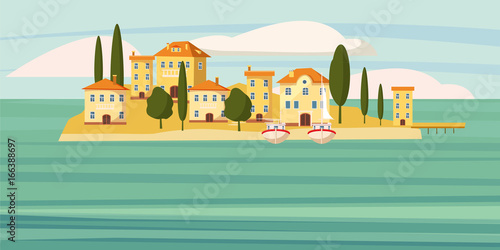 Fototapeta Naklejka Na Ścianę i Meble -  Beautiful seascape, southern city by the sea, houses,cartoon,