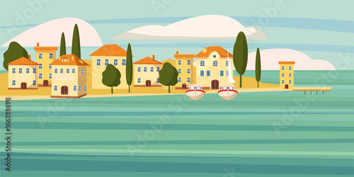 Beautiful seascape, southern city by the sea, houses,cartoon, boats, vector, illustration