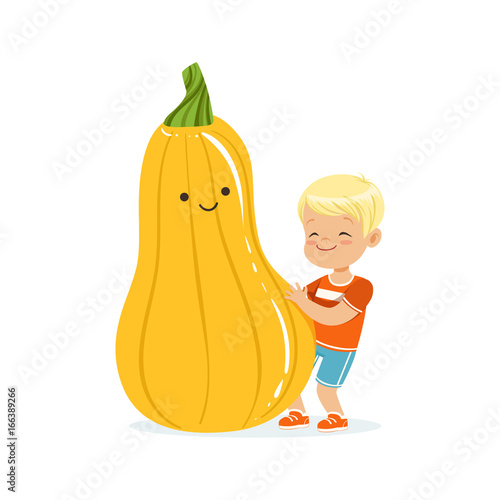 Happy boy having fun with fresh smiling zucchini vegetable, healthy food for kids colorful characters vector Illustration
