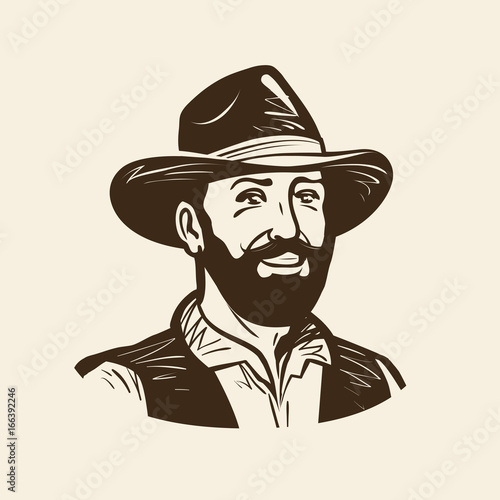 Farmer, cowboy logo or label. Vintage vector illustration