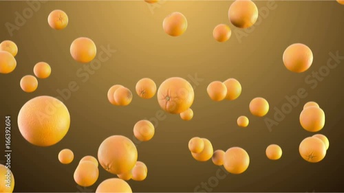 3d render oranges falling in front of yellow background. CG animation. Fructs in slow motion - closeup. Loopable animation photo