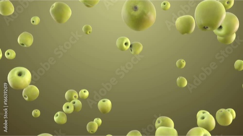 3d render apples falling in front of bright background. CG animation. Fructs in slow motion - closeup. Loopable animation. photo