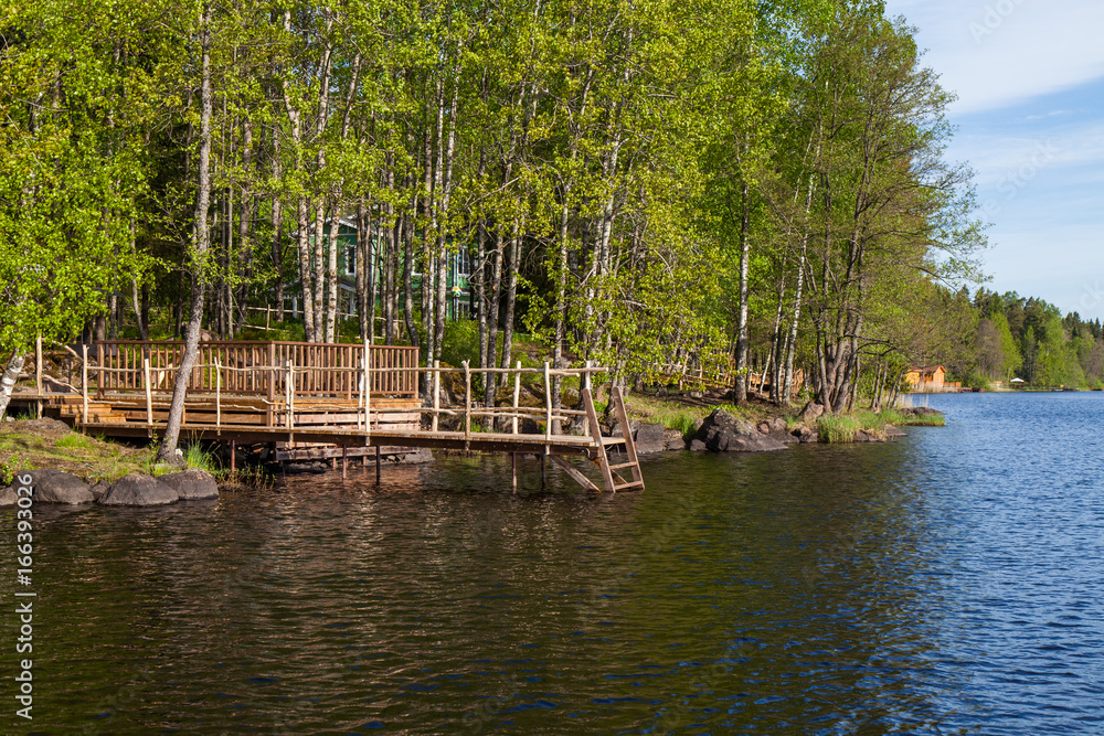 Wooden bathing bridges in the lake