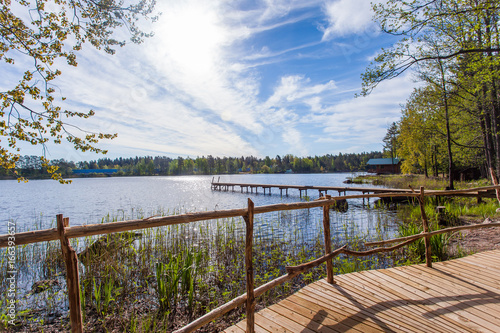 Wooden bathing bridges in the lake