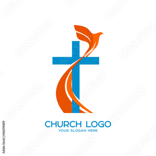 Church logo. Christian symbols. Cross and a flying dove - a symbol of the Holy Spirit