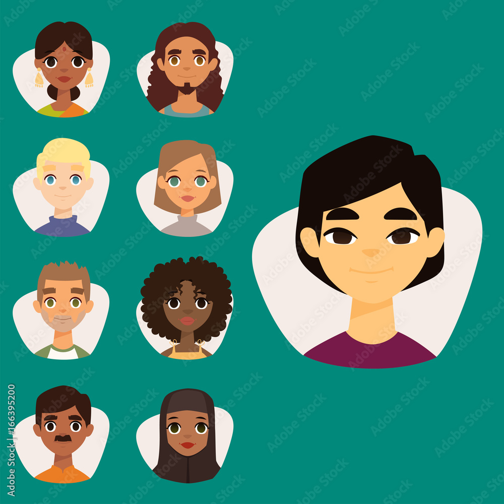 Set of diverse round avatars with facial features different nationalities clothes and hairstyles people characters vector illustration Set of diverse round avatars with facial features different nationalities clothes and hairstyles people characters vector illustration
