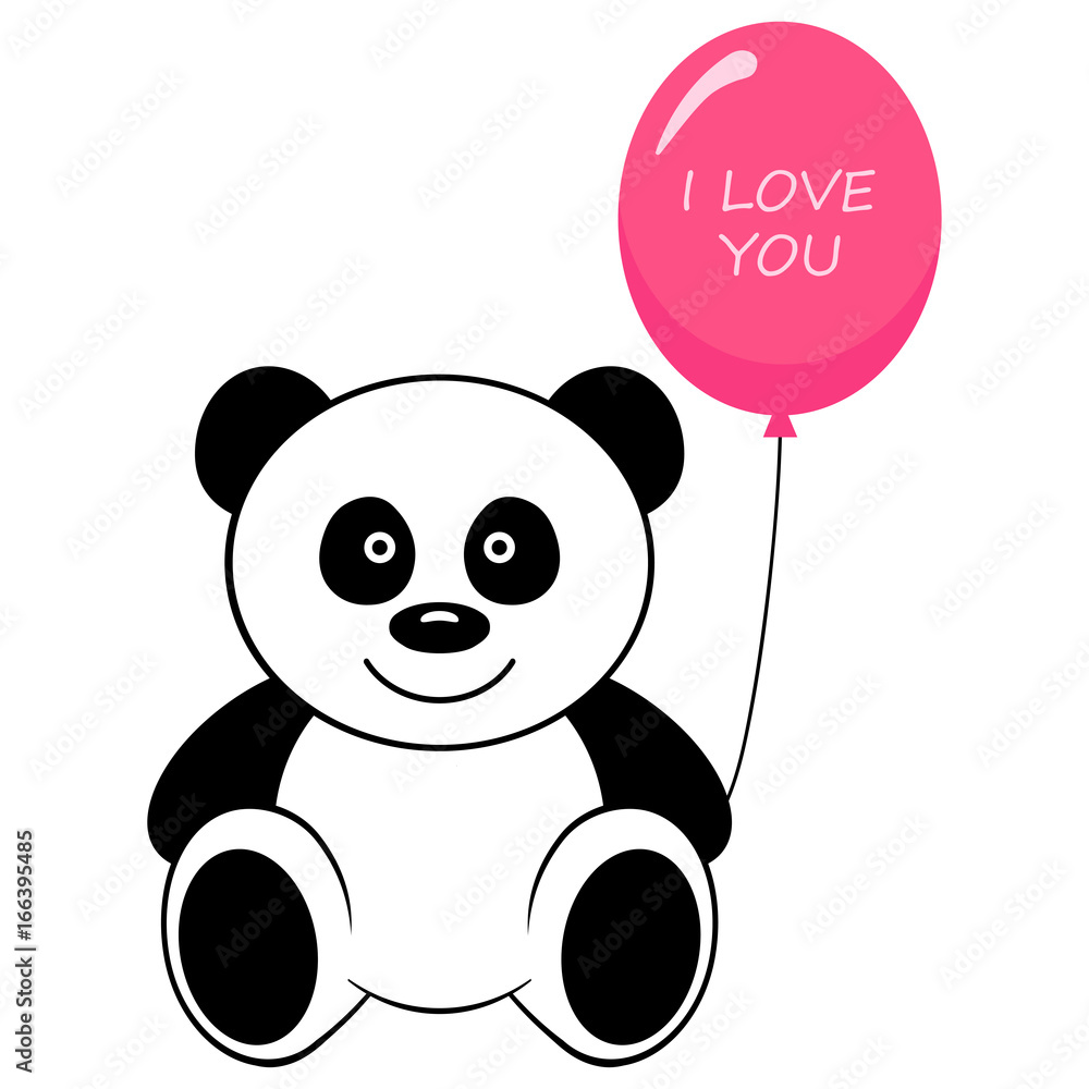 Obraz premium Toy panda bear with air balloon and text I love you