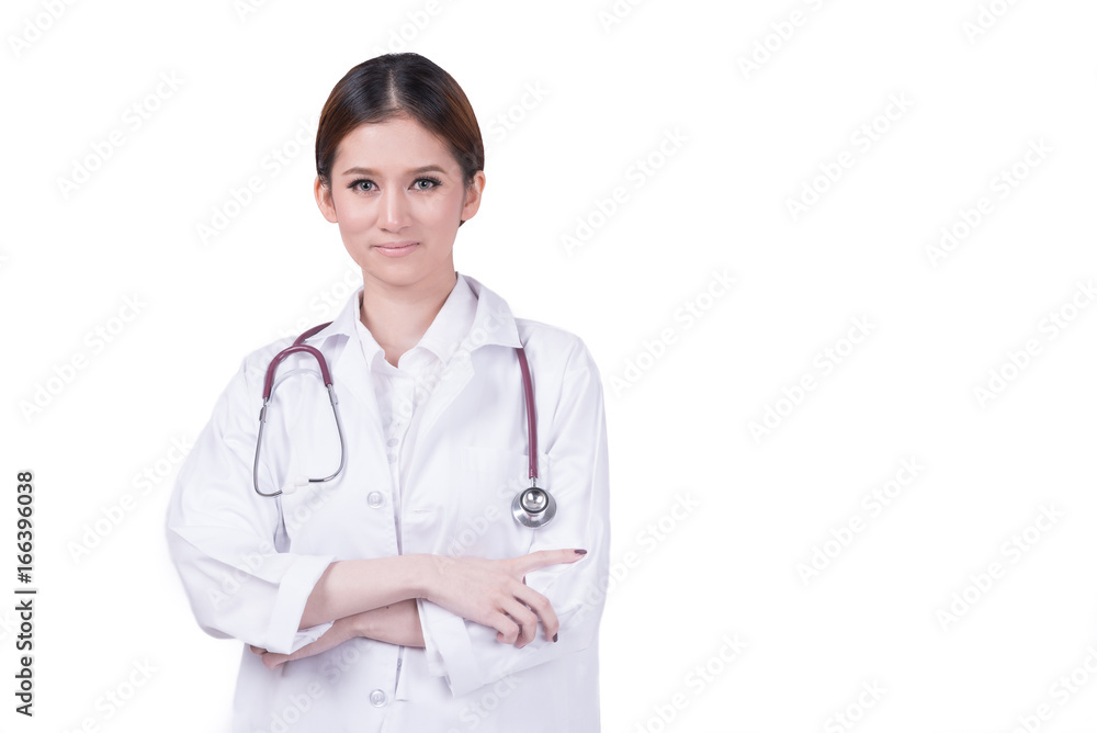 Portrait of beautiful Asian doctor woman in white uniform with crossed hands Portrait of beautiful Asian doctor woman in white uniform with crossed hands