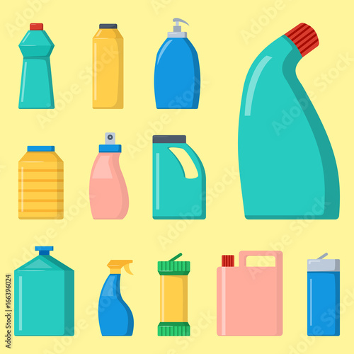 Bottles of household chemicals supplies cleaning housework liquid domestic fluid cleaner pack vector illustration.
