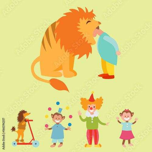 Circus funny animals set of vector icons cheerful zoo entertainment collection juggler pets magician performer carnival illustration.