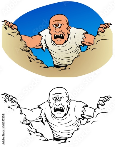 Mythological giant peering over the tops of mountains.