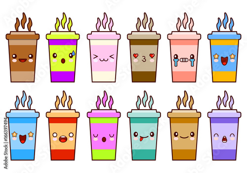 Coffee Cups icon set characters kawaii face emoticons Flat design Vector Illustration