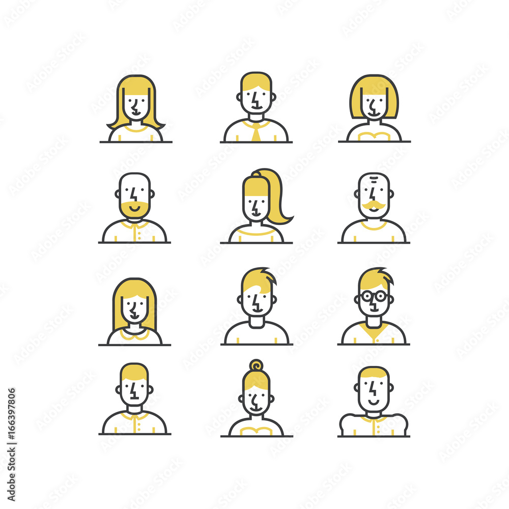 People avatar line style icons set in yellow and black colors on white background. People avatar line style icons set in yellow and black colors on white background.