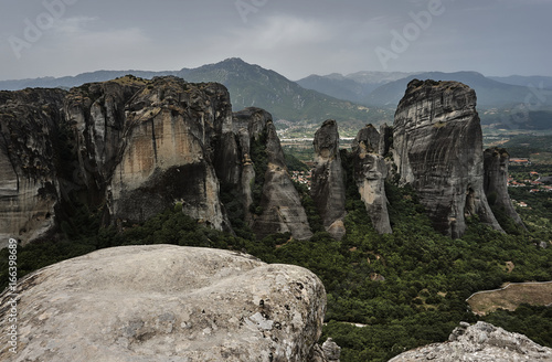 Meteora rocks from sandstone and conglomerate in Greece on the Thessalian plain.