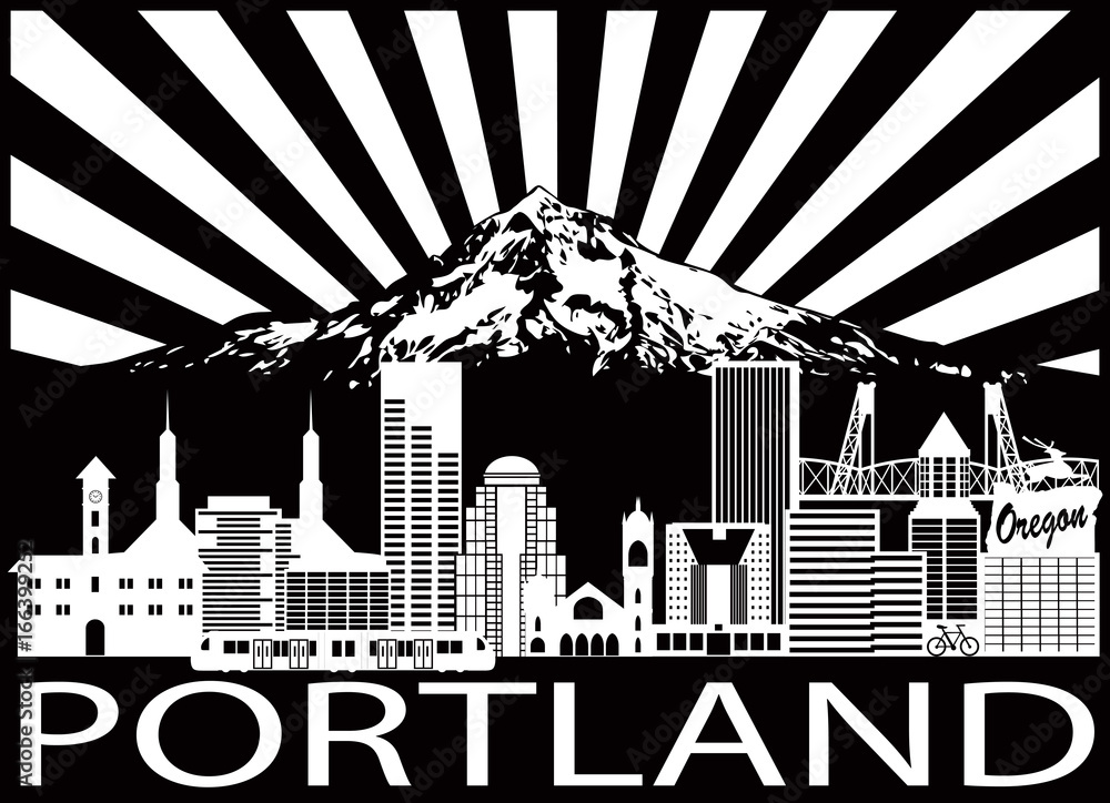 Plakat Portlandzka miasto linia horyzontu i góra kapiszonu Czarna Biała wektorowa ilustracja