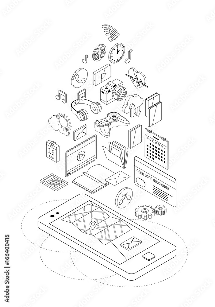 Isometric concept of smartphone with different applications, on-line services and stationary options.