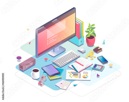 Isometric concept of workplace with computer and office equipment.