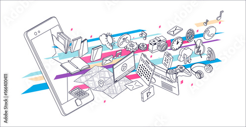 Isometric concept of smartphone with different applications, on-line services and stationary options.
