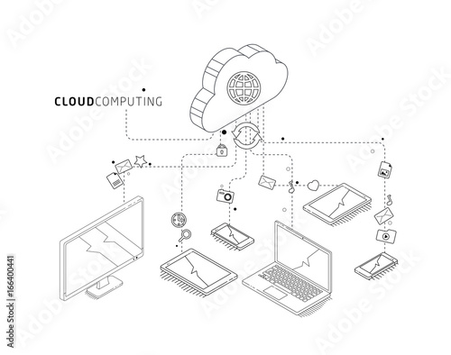 Isometric concept of cloud computing. Cloud network and services.