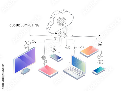 Isometric concept of cloud computing. Cloud network and services.