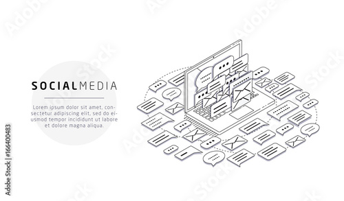 Isometric concept of spam, social media.