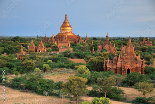 Temples of Bagan with a clear sky.