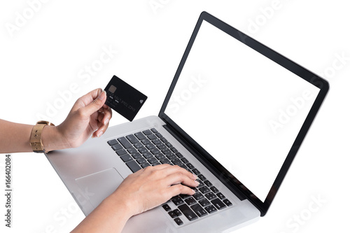 Woman hold credit card with laptop isolated on white background