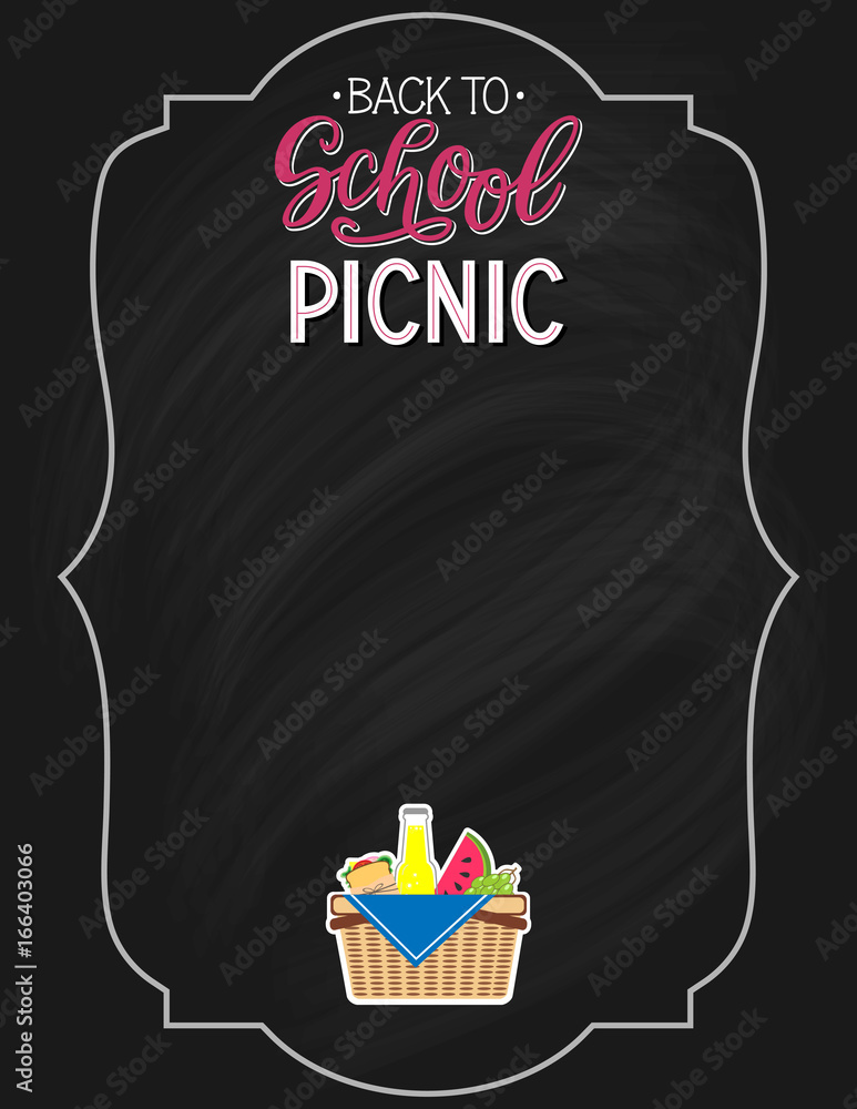 Back to school picnic announcement template. Wood background. Picnic