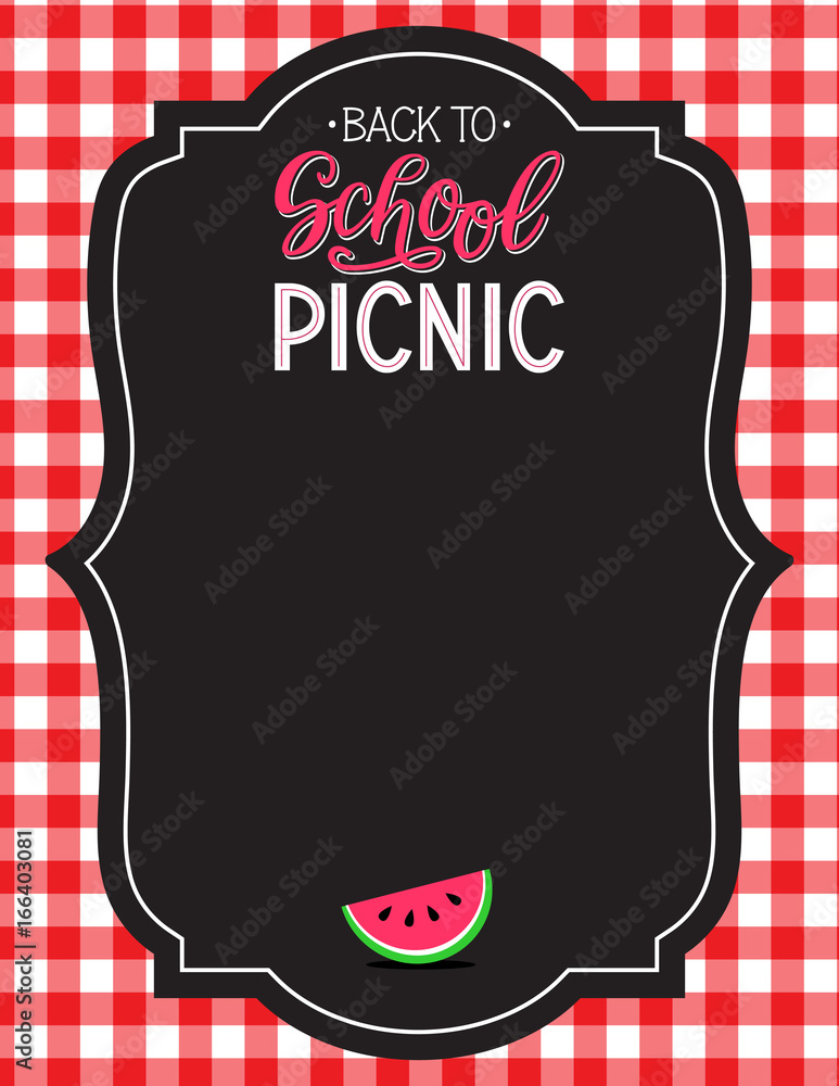 Back to school picnic announcement template. Wood background. Picnic