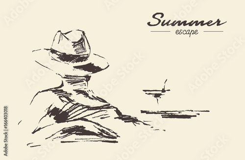 Summer vacation woman beach drawn vector sketch