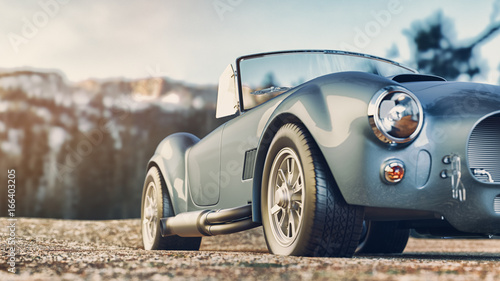 Classic car parked in the mountains in the morning. 3d render and illustration. © phaisarnwong2517