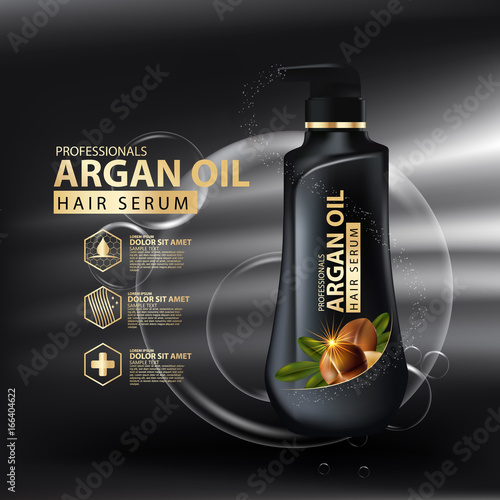 argan oil hair care protection contained in bottle ,golden and black background 3d illustration