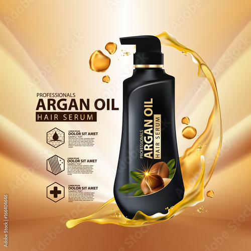 argan oil hair care protection contained in bottle ,golden and black background 3d illustration