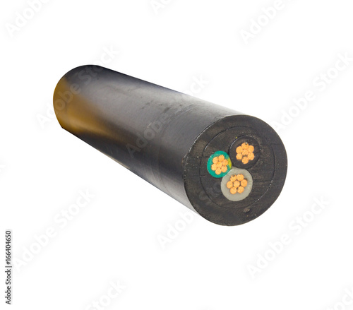 surface of cable electricity NYY GRD, black green and gray insulated, three core is copper, Benefits in electricity, education and more, cable is strong and heavy. isolate on white background photo