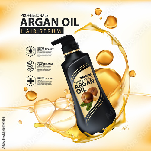 argan oil hair care protection contained in bottle ,golden and black background 3d illustration