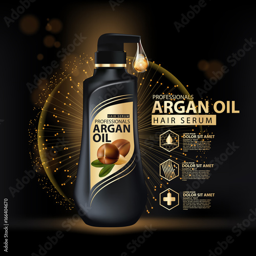 argan oil hair care protection contained in bottle ,golden and black background 3d illustration