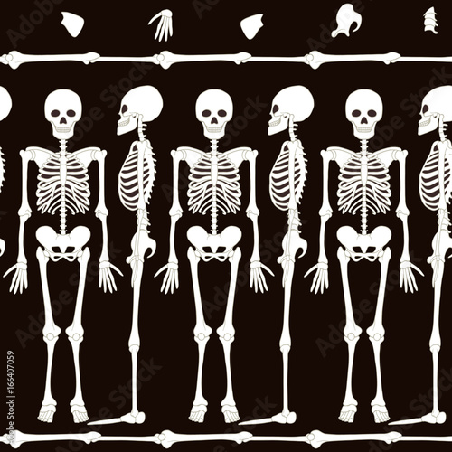 Seamless pattern, background with dancing skeletons in black and white colors. Stock line vector illustration.

