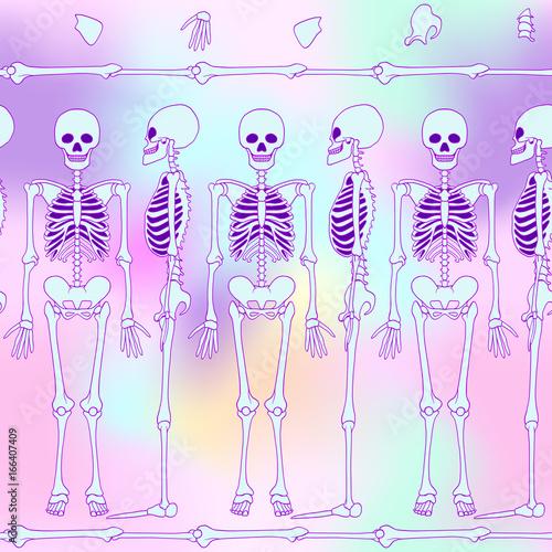 Seamless pattern, background with dancing skeletons. On neon vanilla background. Stock line vector illustration. 