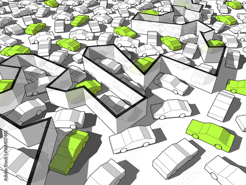 Green ecological cars standing out from others in giant traffic jam are blocked by endless wall