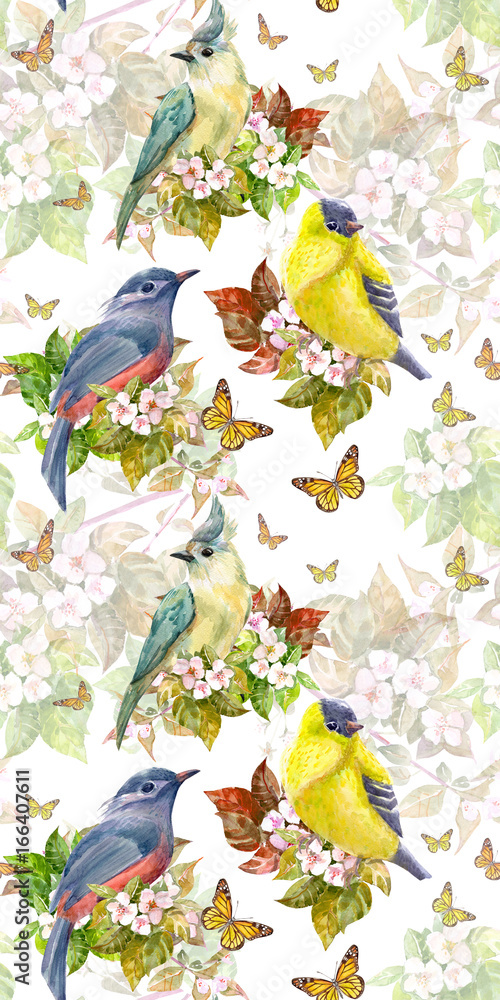 vertical seamless texture with pretty birds on flowering branches. watercolor painting