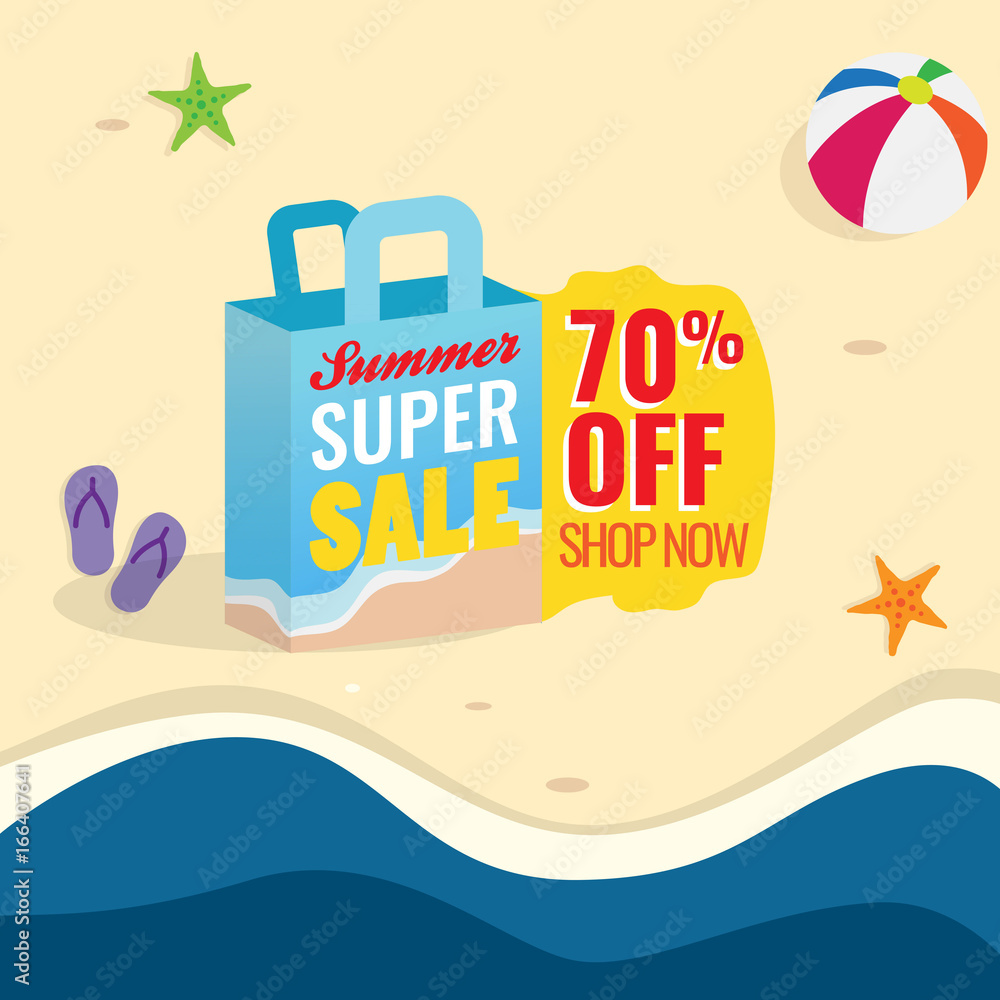 Summer Sale with Shopping Bag at Beach Illustration Banner promotion Summer Sale with Shopping Bag at Beach Illustration Banner promotion