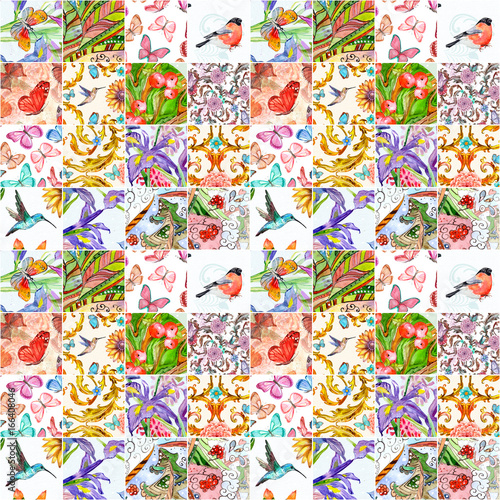 seamless texture with nature patchwork pattern. watercolor painting
